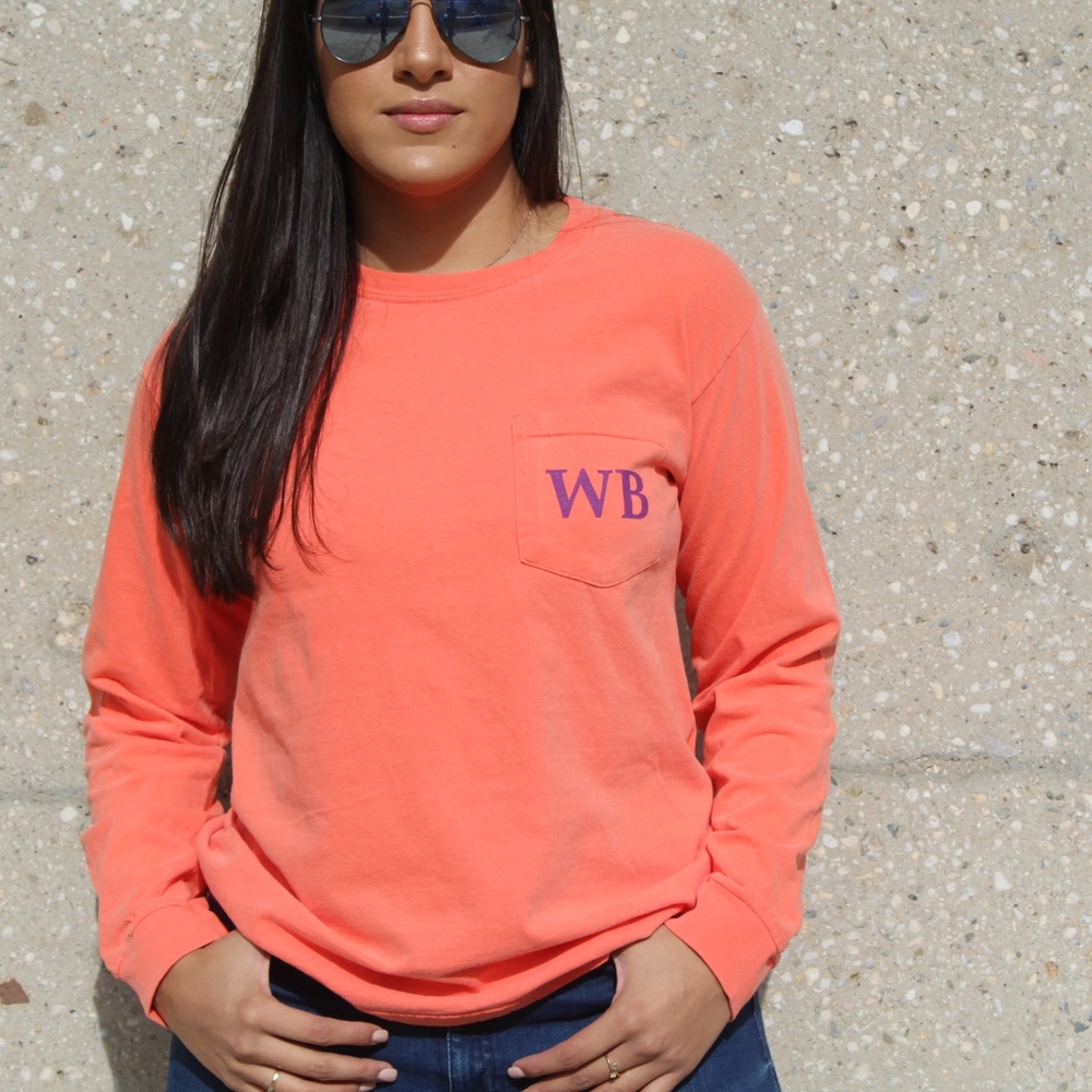 Bright Salmon Long Sleeve Ship Graphic Pocket T-Sh